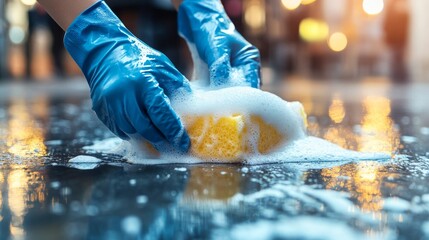 A close-up of hands in blue gloves skillfully scrubbing a glossy floor using a yellow sponge, surrounded by playful bubbles reflecting light, illustrating a deep cleaning moment.