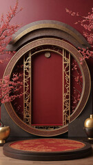 Ornate red and gold circular frame with cherry blossoms, perfect for elegant backgrounds, cultural events, or product displays.