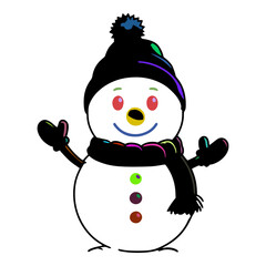 A cartoon snowman is standing with his arms outstretched. He is wearing a black hat with a blue pom-pom on top of it.