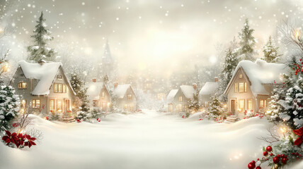 Cartoon winter scene with houses christmas trees and open center