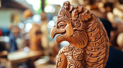 Chilean artisan skillfully carves wood in a workshop, showcasing expert craftsmanship