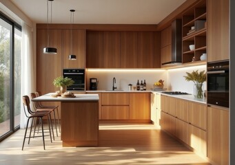 Fototapeta premium Modern wooden kitchen interior with dining space and large windows letting in natural light
