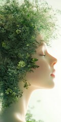 An artistic portrayal of a woman's profile intertwined with lush greenery and flowers, symbolizing the deep connection between nature and human essence in a surrealistic form.