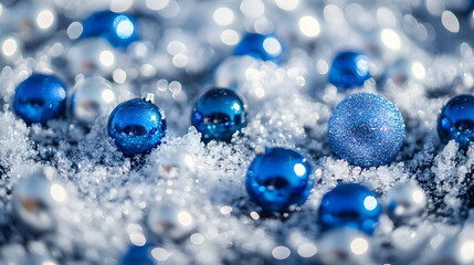 Vibrant blue and silver baubles scattered in a snowy setting.
