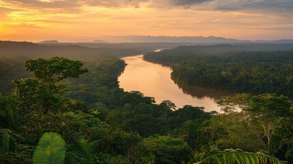 A breathtaking sunset casts golden reflections on the winding river, surrounded by dense greenery in the Amazon rainforest, showcasing the beauty of nature during twilight hours.