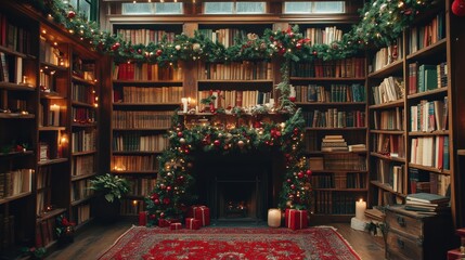 Obraz premium Vintage bookstore holiday display with antique books and decor