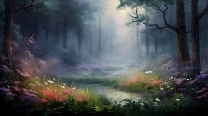 Acrylic Painting Vibrant Autumn Forest with Calm River, Colorful Fall Foliage Reflection, Serene Nature Landscape, Misty Sunrise in the Woods, HD Fantasy Scenic Wallpaper