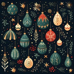 "Seamless Christmas Pattern with Red and Dark Green Baubles and Pine Trees, Festive Holiday Design, Elegant Seasonal Background, Wrapping Paper or Wallpaper, HD Decorative Illustration
