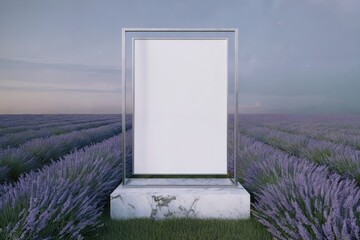 Large blank white poster in sleek marble frame on pedestal surrounded by tranquil lavender field with soft purple grass and muted sky creating a surreal atmosphere