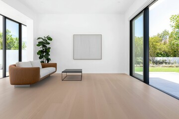 Fototapeta premium Minimalist living room with light wood floors, large windows, tan sofa, and artwork.