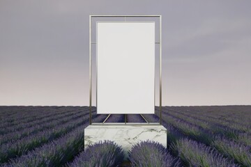 Blank white poster framed in marble on pedestal in serene lavender field with swaying grass and muted sky, creating a calm, surreal composition