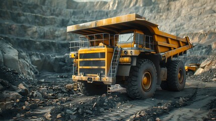 Fototapeta premium A large yellow dump truck in a mining site, designed for transporting materials in rugged terrain.