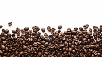 Roasted coffee beans on a white background, showcasing their glossy texture and rich aroma. Ideal for barista coffee, organic coffee packaging, or morning coffee lifestyle designs.