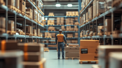 Obraz premium Miniature Worker Handling Cardboard Boxes in a Warehouse