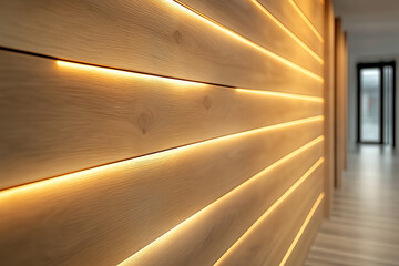 Close-up of an oak wooden wall with LED lights, a modern interior design of an entrance hall in a house.