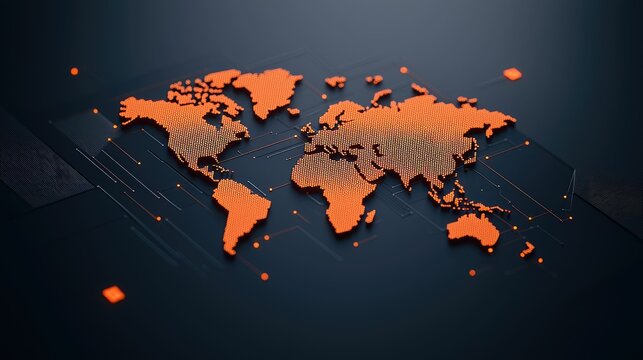Fototapeta 3D orange world map on dark background with digital circuit lines.