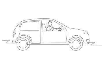 Man driving a car looking out the window. Driving concept one-line drawing