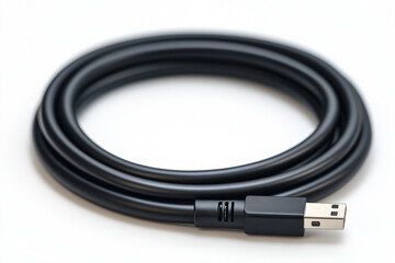 Black-colored Type-C cable, white background, hyper-realistic photography, ultra-wide-angle lens