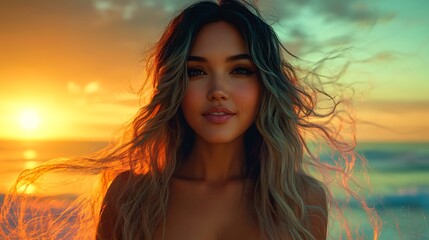 Fototapeta premium Beautiful woman with long hair at sunset beach.