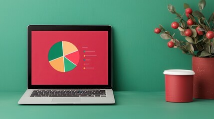 A laptop displays a colorful pie chart on a red background, accompanied by a coffee cup and decorative plant against a green backdrop.