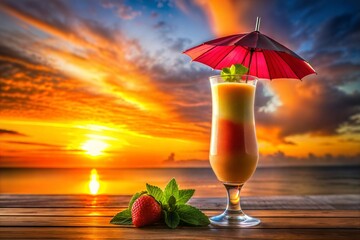 Beachside cocktail with umbrella at sunset perfect for summer escape