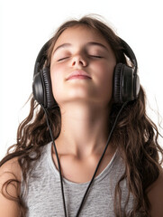 Happy teen girl enjoying music with closed eyes, wearing headphones, isolated on white background, upper body fully visible, half body shot, centered, relaxed expression