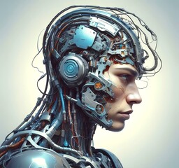 Fototapeta premium Technology illustration of cyborg with brain connections.