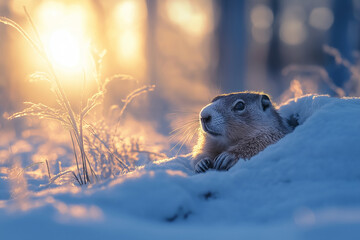 Obraz premium A groundhog peeking out of its burrow in the snow, surrounded by frosty grasses and soft sunlight filtering through the trees, creating a serene winter scene with a focus on natura