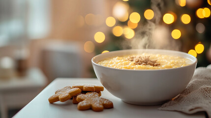 Traditional Cornmeal Porridge in a White Bowl with Festive Christmas Lights and Gingerbread Cookies Background. Warm Holiday Breakfast Dish Close-up