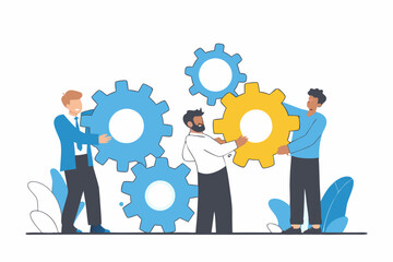 Work Together, Teamwork or Cooperate to Success, Solution to Team Support for Best Efficiency or Productivity, Development or Organization Concept, Businessman People Connect Gear Cogwheels Together

