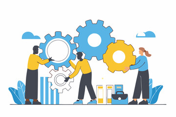 Work Together, Teamwork or Cooperate to Success, Solution to Team Support for Best Efficiency or Productivity, Development or Organization Concept, Businessman People Connect Gear Cogwheels Together

