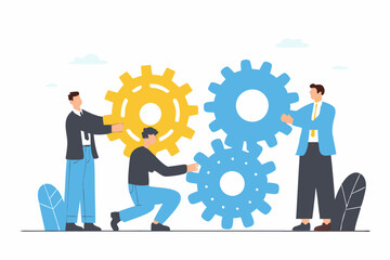 Work Together, Teamwork or Cooperate to Success, Solution to Team Support for Best Efficiency or Productivity, Development or Organization Concept, Businessman People Connect Gear Cogwheels Together

