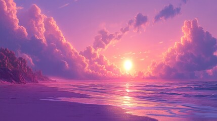 Pink Sunset Over a Coastal Landscape with a Beach and Ocean