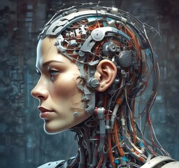 Obraz premium Technology illustration of cyborg with brain connections.