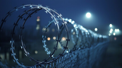 Close-up of barbed wire on a high prison fence, with watchtowers visible in the distance, dramatic lighting emphasizing the tension and security