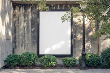 Large white blank poster on weathered concrete wall with green shrubbery and classic black lamppost, softened by natural light and gentle shadows