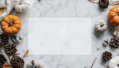 Modern Thanksgiving Design with Flat Lay of Pumpkins, Pinecones, and Dried Flowers
