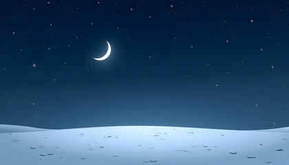 Fototapeta premium Moonlit snowy landscape, tranquil mood, showcasing a crescent moon in a starry sky