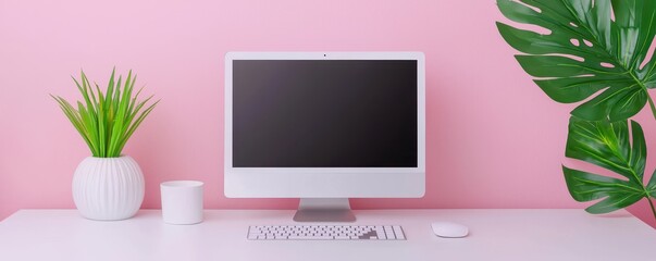 A modern workspace featuring a white computer monitor, keyboard, and mouse against a pink wall, complemented by green plants for a fresh look.