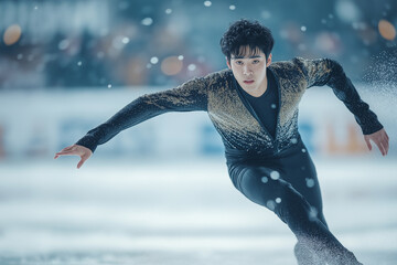  Stock minimalist photography of a middle-aged Asian man in an elegant figure skating outfit performing a challenging move on ice, with a crowd of spectators blurred in the backg