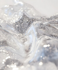 Create a highly detailed image of a transparent gel wave filled with shimmering silver sparkles. The wave should be fluid and dynamic, capturing the essence of movement and light.