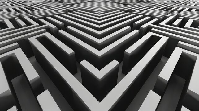 Exploration of abstract mazelike patterns in bold monochrome tones art installation modern gallery clean aesthetic top-down view conceptual design