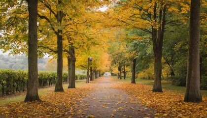 Obraz premium Autumn Alley with Beautiful Golden Colors and Falling Leaves - A Serene Scene of Foliage Amidst Vibrant Trees, Capturing Natureâ€™s Golden Glow During the Fall Season for Tranquility Lovers