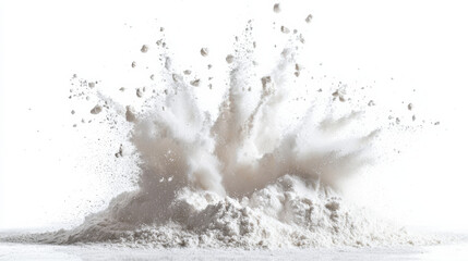 Fototapeta premium Explosion splash of flour powder creates dramatic effect against white background, showcasing dynamic movement and texture of powder