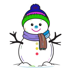 A cartoon snowman is standing with his arms outstretched. He is wearing a green and blue hat with a blue pom-pom on top.