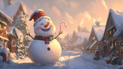 Joyful snowman celebrates winter festivities in a charming snowy village holiday scene warm atmosphere cheerful viewpoint family-friendly concept