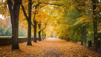 Naklejka premium A breathtaking autumn alley illuminated with golden hues, vibrant foliage, and scattered leaves, capturing the essence of falls natural beauty in a serene, picturesque outdoor scene.