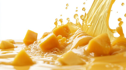 Mango smoothie liquid swirl splash with bubbles and falling mango chunks creates vibrant and refreshing scene, perfect for summer drinks or healthy recipes