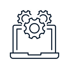 Laptop, gears. Software service concept. Vector linear icon isolated on white background.