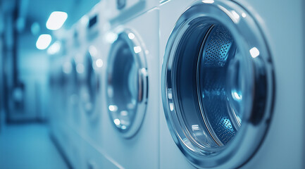 Close-up of white washing machines in a laundry room, simple background, 